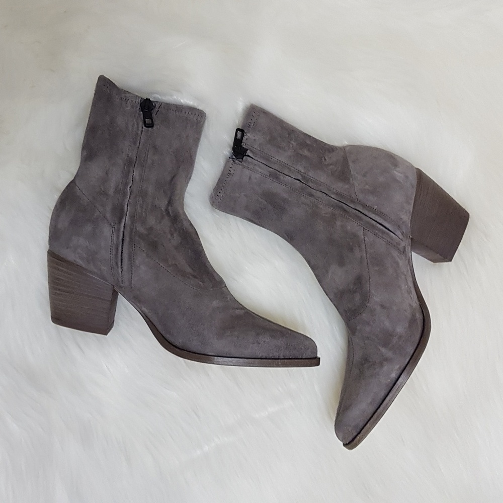 Vince. Hayek Grey Suede Pointed Toe Heel Bootie
